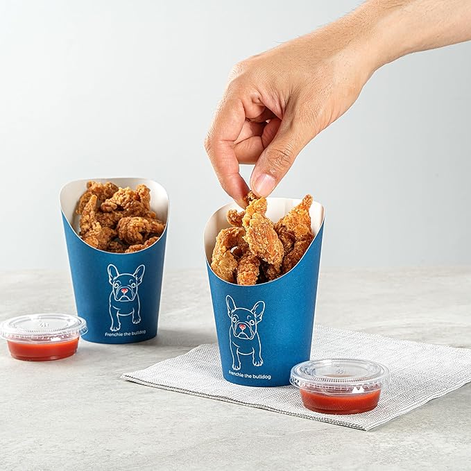 Restaurantware Bio Tek 12 Ounce French Fry Containers 100 Disposable Charcuterie Cups - Incline Design Round Frenchie Paper French Fry Cups Stackable For Waffles Chips or Popcorn