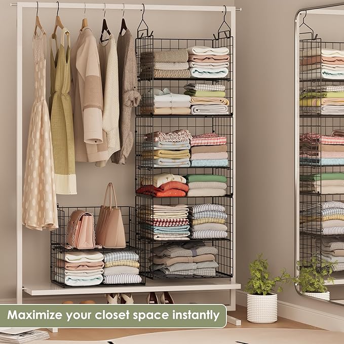 Hanging Closet Organizer and Storage - 8 Tier Closet Hanging Organizer Shelves, Metal & Foldable Hanging Storage Organizer Baskets with Adjustable Dividers for Clothing Sweaters Shoes Handbags