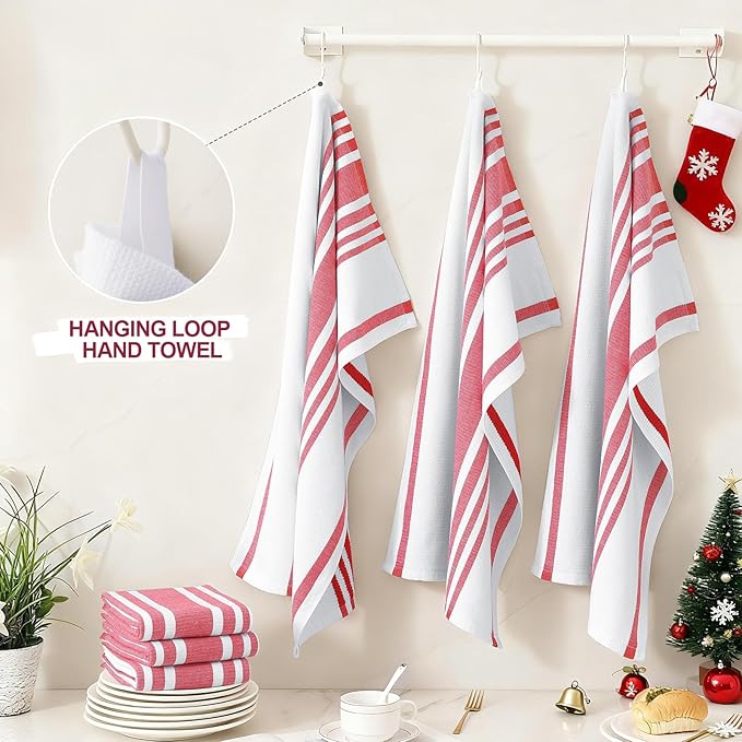 Homaxy Premium Kitchen Towels 18”x 28”, Large Cotton 380 GSM Kitchen Hand Towels, Stripe and Terry Dish Towel, Highly Absorbent Tea Towel Set with Hanging Loop, 8 Pack, Red