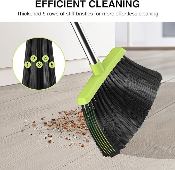 Broom and Dustpan Set, 52-in Long Adjustable Handle Broom Dustpan Combo with Dust pan Teeth to Automatically Clean Hair Suitable for Home Kitchen Office Hall Floor（Green）