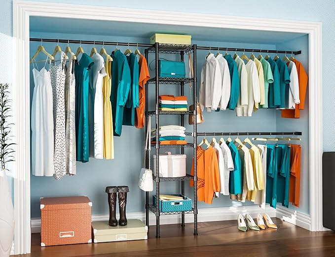 Ulif M1 Closet Storage Organizer System, 6 Tiers Heavy Duty Metal Garment Rack with 3 Expandable Hanger Rods, Wall Mounted Space Saver Suits from 5.4-8.7 ft. Width, 71.2”H x 14”D, 700LBS, Black