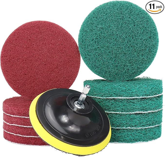 4 Inch Drill Brush Power Scouring Pads - Heavy Duty Tub and Tile Cleaner - Household Cleaning Kit Includes Drill Attachment, 5 Red, 5 Stiff Green Scrubber Pads