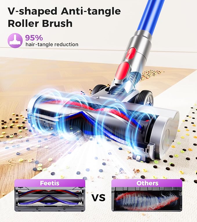 Cordless Vacuum Cleaner, 500W 40Kpa 60Mins Vacuum Cleaners for Home, Anti-tangle Stick Vacuum with Self-Standing, Wall Mount Charging, LDE Display, Wireless Vacuum for Carpet Pet Hair Hardfloor, Blue