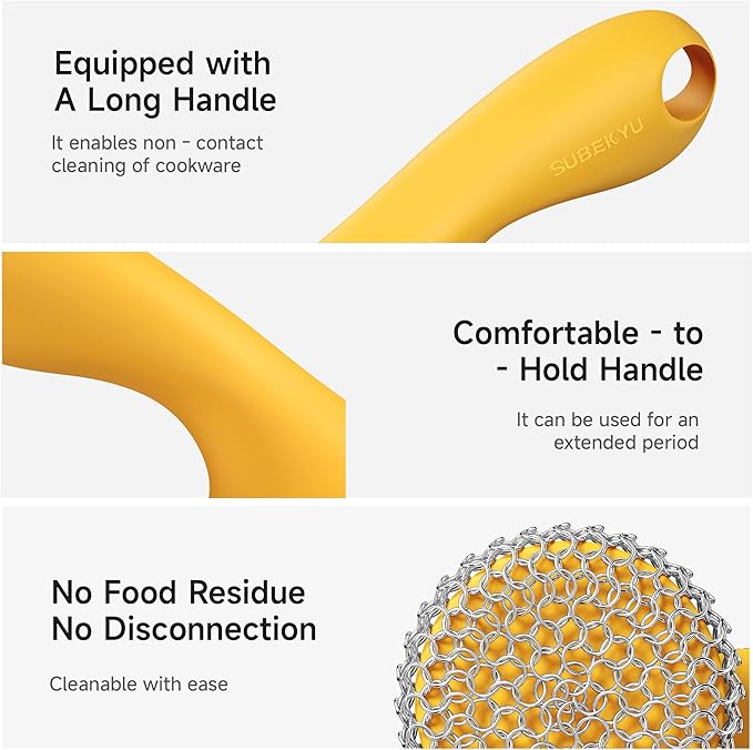 SUBEKYU Cast Iron Scrubber with Silicone Handle, Stainless Steel Skillet Cleaner for Cast Iron Pans (Yellow)