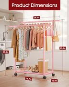 Sakugi Metal Clothes Rack - Double Rod Clothing Rack with Fixed Design and Rolling Wheels, Coat Rack with Built-In Shelf for Closet Organizers and Storage (38.5" x 16.9" x 59.0", Pink)