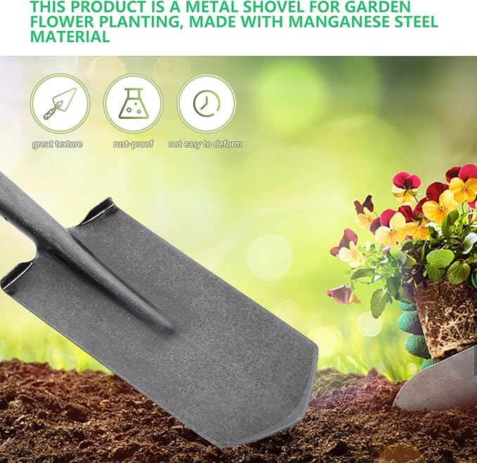 Metal Gardening Spade and Handle Shovel for Digging, Narrow Tip Manganese Steel Tree Planting Tool, Thickened Sturdy Garden Hand Shovel for Lawn and Outdoor Use