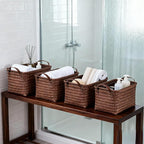 10pcs 15L Laundry Baskets Waterproof Storage Basket For Shelves Large Laundry Hamper With Leather Handle -Cube Organizer Woven Bins for Bathroom,Bedroom,Pantry,Clothes,Car Towels-Brown