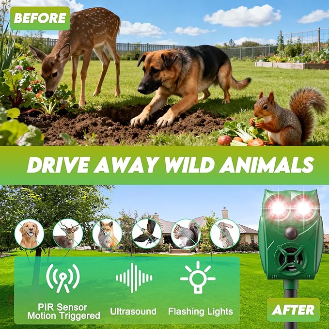 Solar-Powered Ultrasonic Animal Repellent with Motion Sensor, Waterproof Deer Repellent Device with Visual Indicator for Outdoor Yards, Garden, Effective to Repel Deer, Coyotes, Raccoons, and Cats