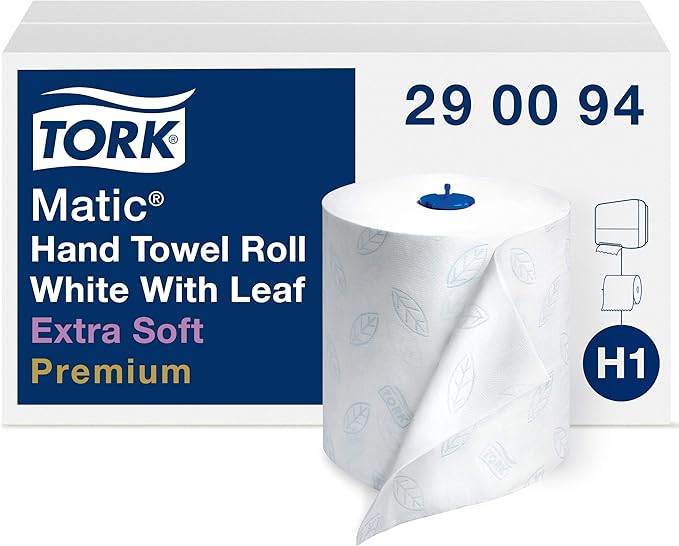 Tork Matic Extra Soft Paper Hand Towel Roll White with Blue Leaf H1 (6 Rolls) and Tork Mini Jumbo Toilet Paper Roll White T2 (12 Rolls)