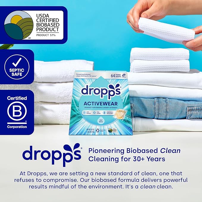 Dropps Activewear Laundry Detergent Pods, Unscented (64 Count) - Free & Clear | Fights Sweat & Body Odors | For Synthetic Workout Clothes | Clean Ingredients | Plastic Free Packaging