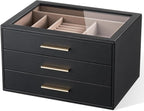 pickpiff Jewelry Box Organizer Case for Women: 3-Layer Jewelry Storage Case with Glass Window, Black Leather with Blush Velvet, Holder for Ring Necklace Bracelet Brooch Watch, Great Gift for Her