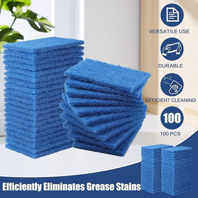 100 Pcs Scouring Pads,Heavy Duty Scour Pads,Reusable Dish Scrubber,Non Scratch Household Scrub Pads,Multipurpose Scour Pads for Kitchen Metal Grills Dish Cleaning,4 x 3 inch (Blue)