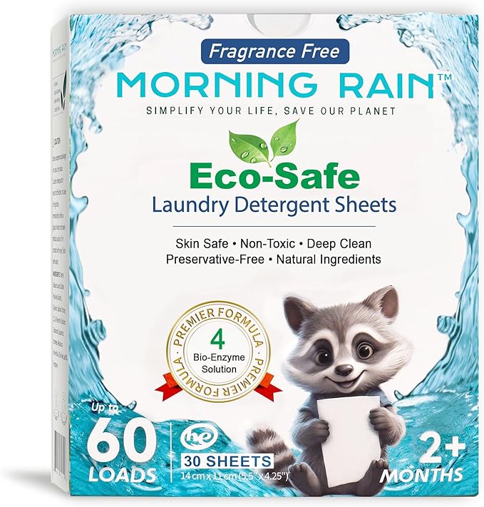 MorningRain Eco Laundry Detergent Sheets - Ingredients from Finland, Unscented, Bio-Enzyme Formula, Power Clean, 30 Sheets (Up to 60 Loads) - Non-Toxic, Preservative-Free, Skin Safe, Designed in USA