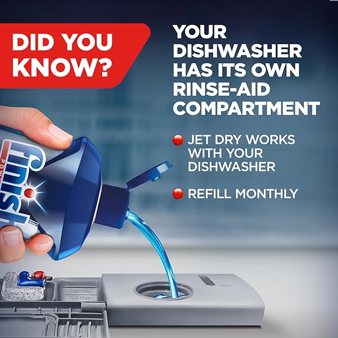 Finish Jet-Dry Dishwasher Rinse Aid, Compatible with Dishwasher Detergent, Prevents Spots & Residues, Dries, Shine & Protects, 16 oz, 155 Washes.