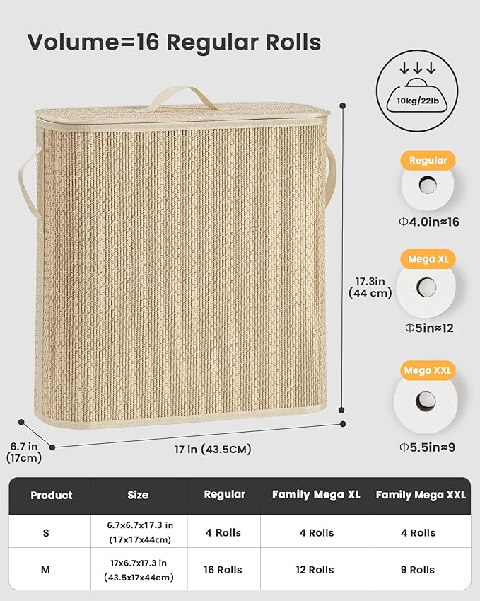 Bamboo Toilet Paper Storage Basket with Lid & Handle - 32L Large Capacity Handwoven Bathroom Organizer for 16 Rolls - Sturdy Stand Holder for Toilet Paper Organization, Light Natural