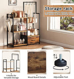 Industrial 4-Tier Storage Shelf with Drawer & Hanging Hooks - Metal & Wood Entryway Organizer Rack for Bedroom, Living Room - Freestanding Clothing Coat Rack with Multi-Level Shelves (Brown)