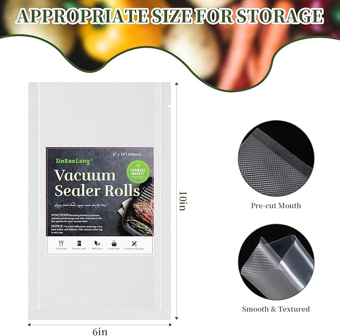 Vacuum Sealer Bags For Food - 100 Quart 6" x 10" - Commercial Grade BPA Free Bag - Durable Customized Size Food Vac Bags for Storage and Sous Vide Cooking - Puncture Prevention