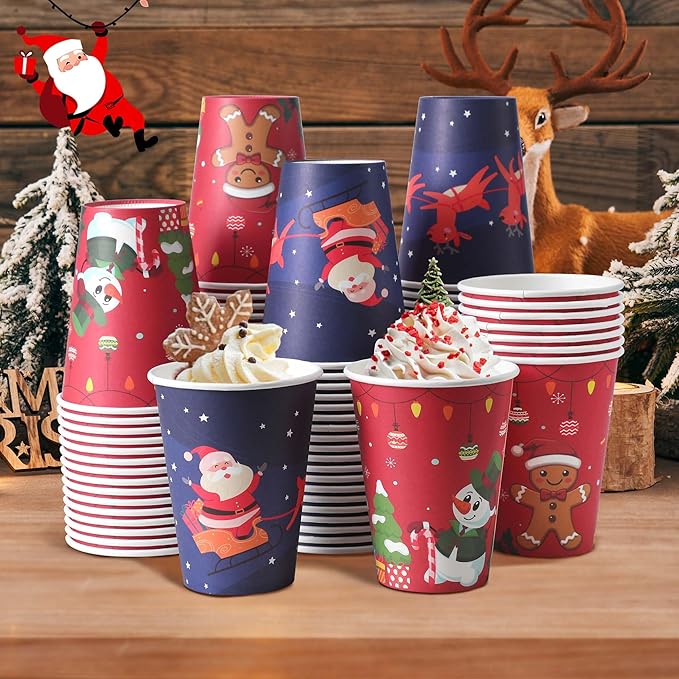 100 Pack 12 oz Christmas Coffee Cups with Lids, Disposable Paper Coffee Cups for Hot/Cold Drinks Office Home Shop Event (Two Colors)