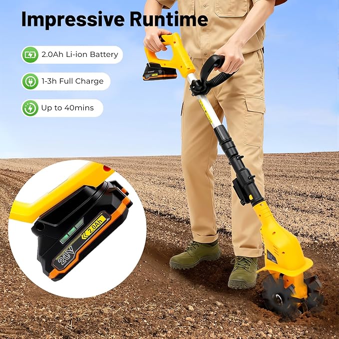 20V Cordless Tiller Cultivator,250RPM Handheld Electric Garden Tilling Tool with Extendable Pole, Mini Portable Rechargeable Battery Powered Tiller Rototillers for Gardening Farm Soil Cultivation