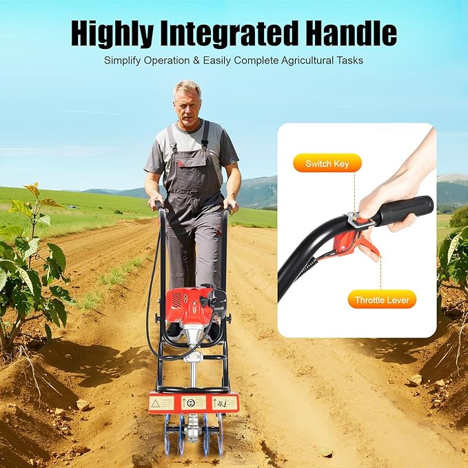 Gas Power Tiller Cultivator 52CC 2 Stroke, Gasoline Powered Garden Farmyard Tiller Air-Cooled Single Cylinder Gasoline Engine Tilling Tool, for Lawn, Field and Home