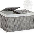 Storage Basket with Lid Rattan, Woven Storage Baskets with 2 Separate Lids, 17.2 Gallon (65 L), 22.2 x 13 x 13.8 Inches, Foldable, 2 Removable Liner Bags Handles for Bedroom, Laundry Room Gray