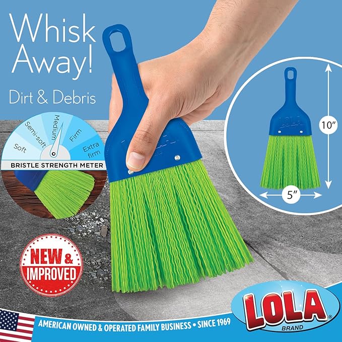 LOLA Heavy Duty Whisk Broom, Hand Brush, Durable Bristles, Whisks Away Dirt & Debris, Compact, Hang Hole for Easy Storage, Indoor/Outdoor, 1 Pack