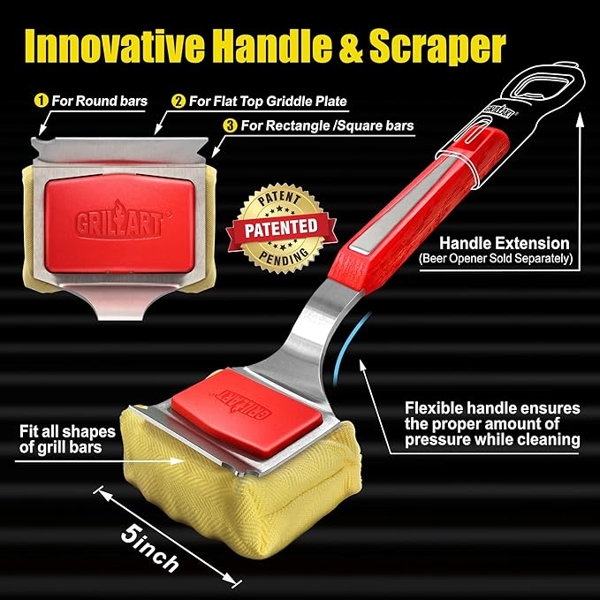 GRILLART Grill Brush Bristle Free. SteamWizards BBQ Replaceable Cleaning Head, Unique Seamless-Fit Scraper Tool for Cast Iron/Stainless-Steel Grates, Safe Barbecue Grill Cleaner-Red