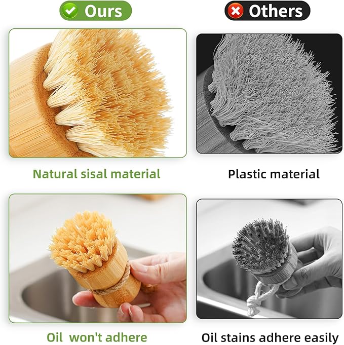 Bamboo Dish Scrub Brushes,Kitchen Wooden Cleaning Scrubbers Set for Washing Cast Iron Pan/Pot, Natural Sisal Bristles, Set of 3