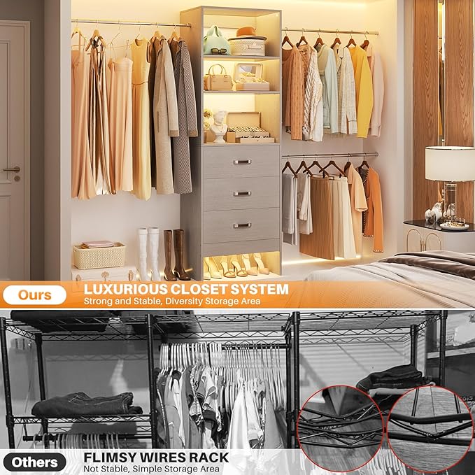 Homieasy 96 Inches Closet Organizer System, 8FT Customizable Walk In Closet Organizer with Hanging Rods, 3 Drawers Garment Rack with Leather Handle , 96" L x 16" W x 75" H, Max Load 1000 LBS, Grey