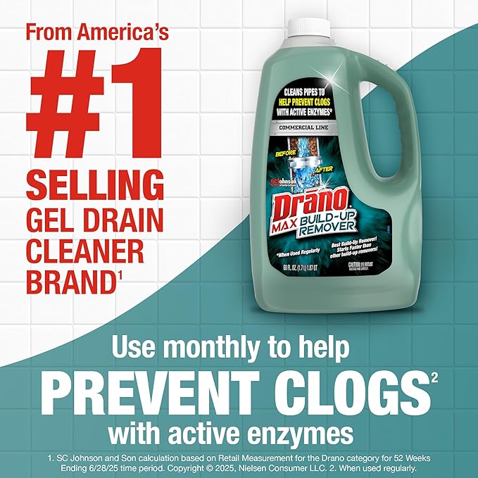 Drano Max Build Up Remover Drain Cleaner, Great for Clog Prevention, Commercial Line, 60 oz