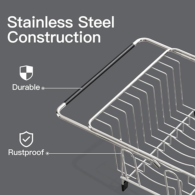 Over the Sink Expandable Dish Drainer Drying Rack In Stainless Steel for Small Kitchen, Counter Space Saving Modern Compact Metal Above Plate Dryer Strainer, Adjustable Hanging Inside Drain Holder