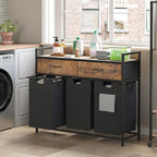 Mondeer Laundry Sorter with 2 Drawers, 150L with Pull-Out Removable Laundry Bags, Laundry Hamper Baskets with 3 Section and Wheels, Rustic Brown and Black