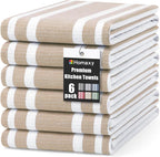 Homaxy Premium Kitchen Towels 18”x 28”, Large Cotton 380 GSM Kitchen Hand Towels, Stripe and Terry Dish Towel, Highly Absorbent Tea Towel Set with Hanging Loop, 6 Pack, Khaki