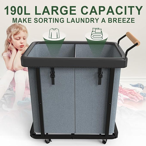 190L (50 Gal) Extra Large Fashion Laundry Hamper 2 Section with Lid, Rolling Laundry Basket Hamper with Handle, Laundry Organizer Storage Cart with Sturdy Metal Frame for Laundry Room,Hotel,Gray
