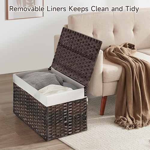 180L Wicker Storage Basket with Lid, Handwoven Rattan Large Shelf Basket with Removable Liner, 47.6 Gallon Wicker Basket for Blanket, Storage Trunk with Handle for Closet, Bedroom, Livingroom, Brown