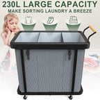 230L (60 Gal) Extra Large Fashion Laundry Sorter 3 Section with Lid, Rolling Laundry Basket Hamper with Handle, Laundry Organizer Storage Cart with Sturdy Metal Frame for Laundry Room, Hotel, Grey