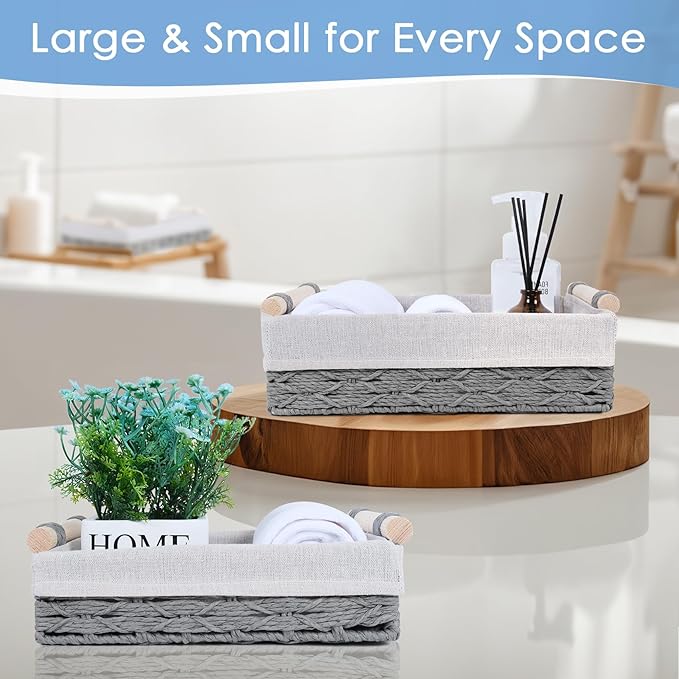 Wicker Storage Basket with Wooden Handle – Paper Rope Decorative Toilet Paper Baskets & Bathroom Organizer for Toilet Tank Top, Shelves, Bedroom, Countertop,Home,Office Storage Bins, 2 Pack,Grey