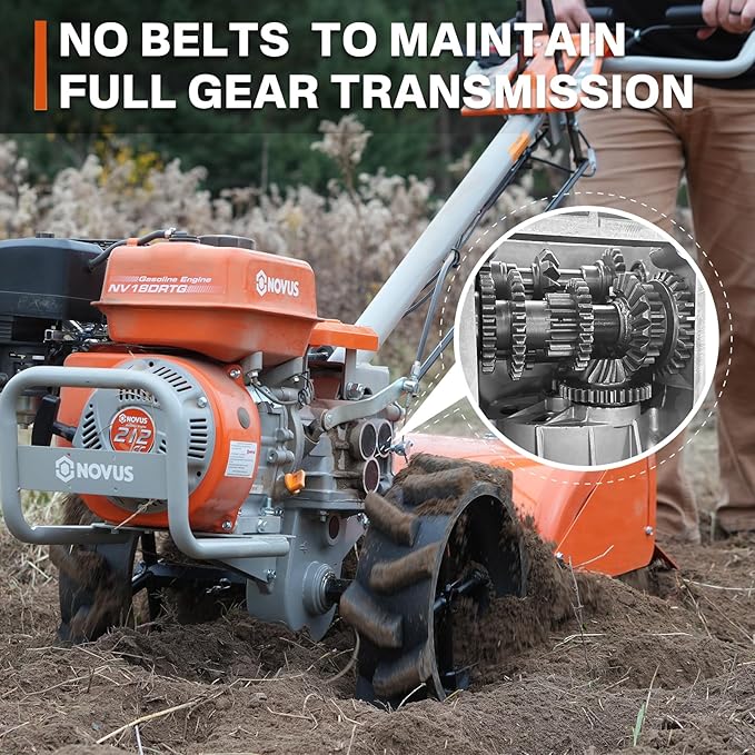 NOVUS 18-Inch Dual Direction Rear Tine Tiller, 212cc 4-Cycle Gas Engine, Full Gear Transmission, Dual Rotating Tines, Airless Tires Gas Tiller for Small to Large Gardens