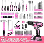Pink Power Drill Tool Kit Set: 20V Cordless Electric Drill, Driver, Tool Box with Battery