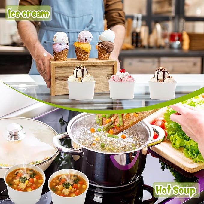 Fulmoon 100 Pack Paper Soup Containers with Lids Disposable Paper Food Containers with Vented Lids Kraft Ice Cream Bowls Ice Cream Cups Soup Cup for Restaurants(5 oz,White)