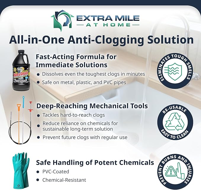 Ultimate Drain Solution Instant Power Hair & Grease Drain Cleaner Opener 2L Bundle with Drain Snake Hair Drain Clog Remover, and Protective Gloves