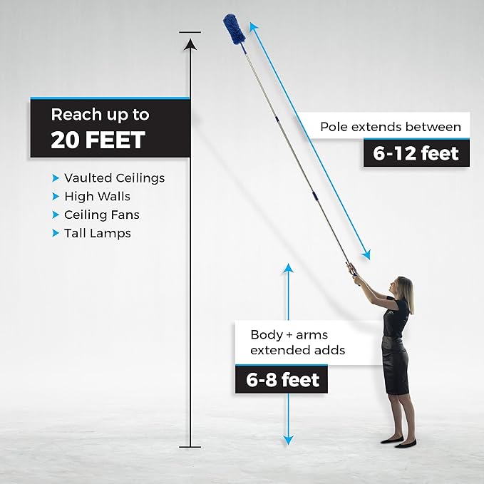 Feather Microfiber Plus Nylon Static Cobweb Duster | Reach Up To 20 Feet | Extendable 3 Tier Ceiling Fan Webster Duster Kit | Aluminum Extension Pole With Threaded Tip | U.S. Duster Co