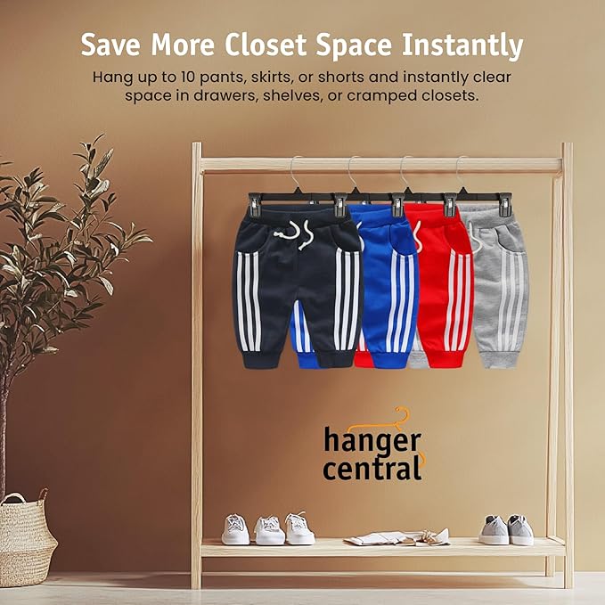 Hanger Central 30 Pack Pants Hangers – 10 Inch Slim Plastic Clothes Hangers with Clips for Skirts, Pants, Shorts – Heavy Duty Space Saving Non Slip Closet Organizer with Swivel Hook – Black