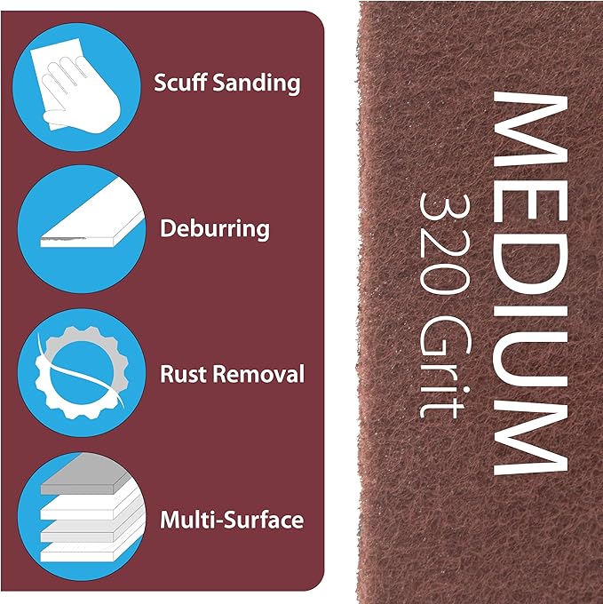 6" x 9" Non-Woven Surface Prep Scuff Pads for Wood, Metal, Scuff Sanding Between Coats of Finish/Paint, Rust Removal, Deburring, Clean Metal, Medium Scuffing Pads - 320 Grit - 10 Pack (Maroon)
