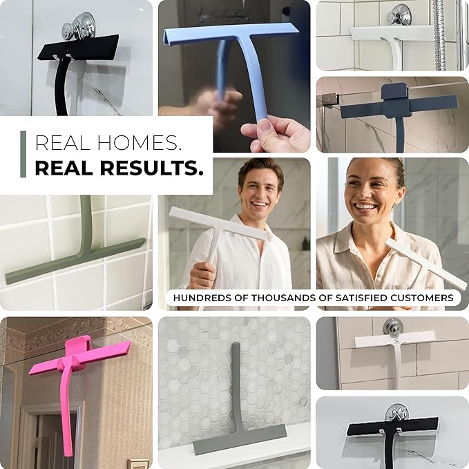 GÜTEWERK Silicone Shower Squeegee for Glass Doors & Mirrors with Stainless Steel Core, Streak-Free & No-Squeak Window Cleaning, 3-in-1 No-Drill Mount (Hook/Suction/Adhesive),Black, 11 Inches