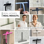 GÜTEWERK Silicone Shower Squeegee for Glass Doors & Mirrors with Stainless Steel Core, Streak-Free & No-Squeak Window Cleaning, 3-in-1 No-Drill Mount (Hook/Suction/Adhesive),Black, 13 Inches