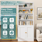 Bookcase with Doors and Adjustable Shelves, 55" Tall Metal 5-Tier Storage Cabinet, Freestanding Bookshelf for Living Room, Home Office, Bedroom, Kitchen Pantry Organizer Rack (White)