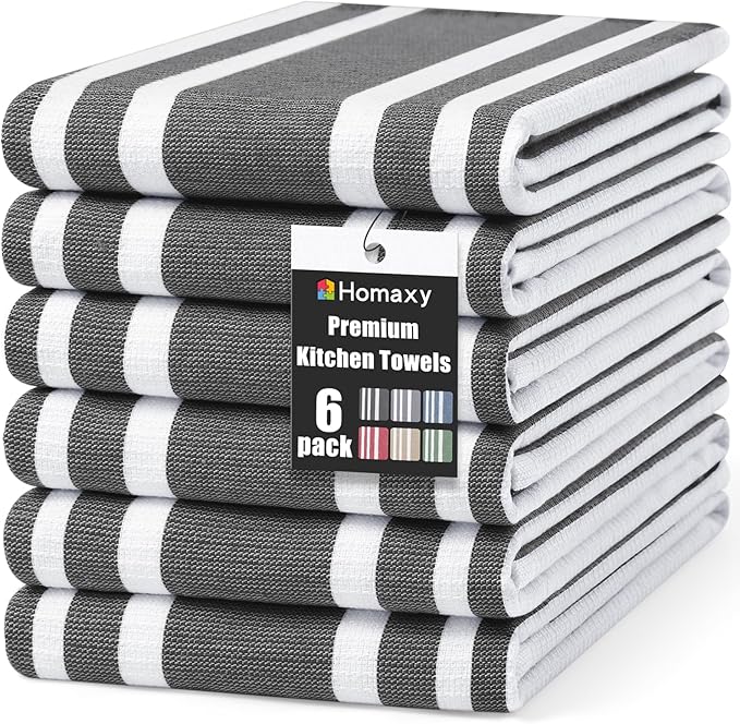 Homaxy Premium Kitchen Towels 18”x 28”, Large Cotton 380 GSM Kitchen Hand Towels, Stripe and Terry Dish Towel, Highly Absorbent Tea Towel Set with Hanging Loop, 6 Pack, Black