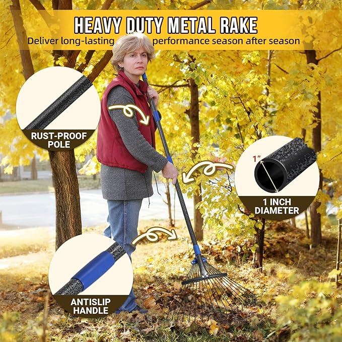 Adjustable Leaf Rake, Heavy Duty Metal Rake for Leaves, Long Handle 30"-90" with Expandable Head 8"-17", Collapsible Small Rakes for Lawns, Gardening, Yard, Camping, Shrub, Grass, Bush, Weed, Debris