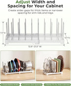 EVERIE Adjustable Bakeware Organizer Pot Lid Holder Rack for Pots, Cake Molds, Cutting Boards, Mats, Cookware, GS02SS, 7.7'' Deep by 12.6'' to 21.5'' Wide